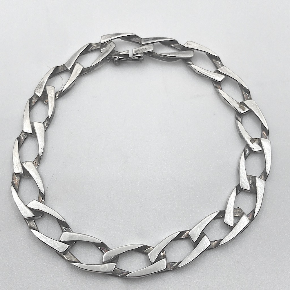 Vtg Sterling Angled Sharp Cut Curb Chain Bracelet Wide Links 7.4” / 8mm W
